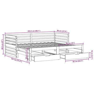 vidaXL Pat de zi cu sertare, alb, 90x200 cm, lemn masiv pin