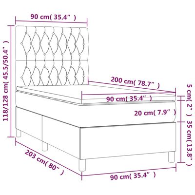 vidaXL Pat box spring cu saltea, gri deschis, 90x200 cm, catifea