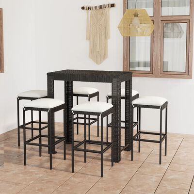 vidaXL Set mobilier bar de grădină cu perne, 7 piese, negru, poliratan