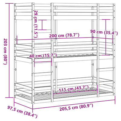 vidaXL Pat supraetajat triplu, alb, 90x200 cm, lemn masiv de pin