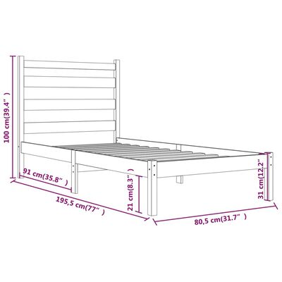 vidaXL Cadru de pat mic single, negru, 75x190 cm, lemn masiv de pin