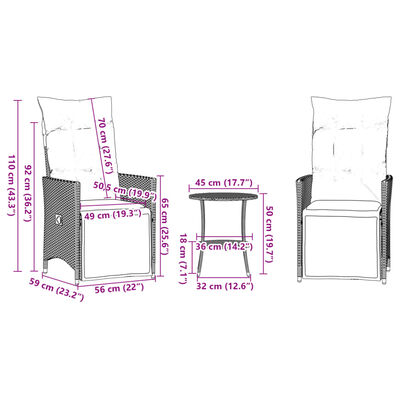 vidaXL Set bistro cu perne, 3 piese, negru, poliratan