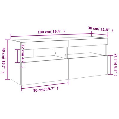 vidaXL Comodă TV de perete cu lumini LED, gri beton, 100x30x40 cm