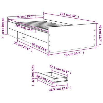 vidaXL Cadru de pat cu sertare stejar sonoma 75x190 cm lemn prelucrat