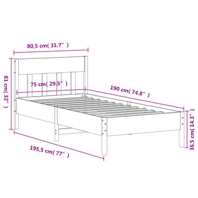 vidaXL Cadru de pat fără saltea, 75x190 cm, lemn masiv de pin