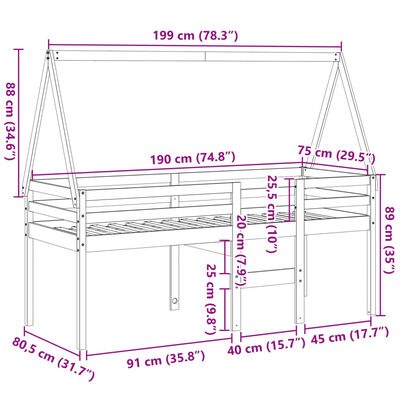 vidaXL Pat înalt cu acoperiș, maro ceruit, 75x190 cm, lemn masiv pin