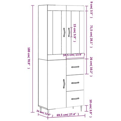 vidaXL Dulap înalt, gri sonoma, 69,5x34x180 cm, lemn compozit