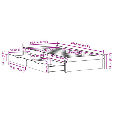 vidaXL Cadru de pat fără saltea, alb, 90x200 cm, lemn masiv pin