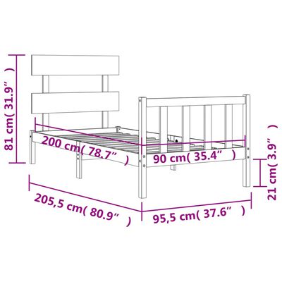 vidaXL Cadru de pat cu tăblie, alb, 90x200 cm, lemn masiv