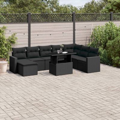 vidaXL Set mobilier de grădină cu perne, 9 piese, negru, poliratan