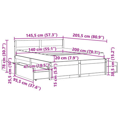 vidaXL Pat cu sertare saltea, maro ceruit, 140x200 cm, lemn masiv pin