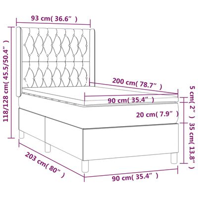 vidaXL Pat box spring cu saltea, gri deschis, 90x200 cm, textil