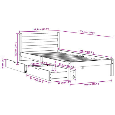 vidaXL Cadru pat fără saltea, alb, 100x200 cm, lemn masiv pin