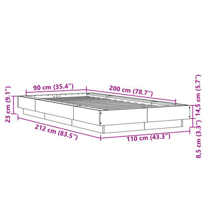 vidaXL Cadru de pat cu lumini LED gri sonoma 90x200 cm, lemn prelucrat