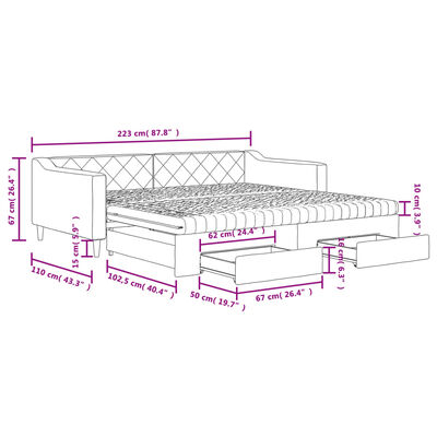 vidaXL Pat de zi cu extensie și sertare, gri deschis 100x200 cm textil