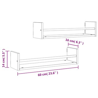 vidaXL Rafturi de perete cu bare 2 buc, maro, 60x16x14 cm, stejar