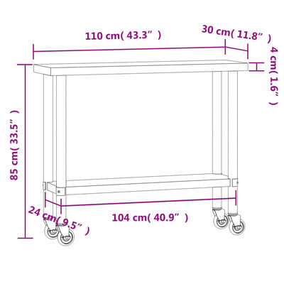 vidaXL Masă de lucru bucătărie cu roți, 100x30x85 cm, oțel inoxidabil