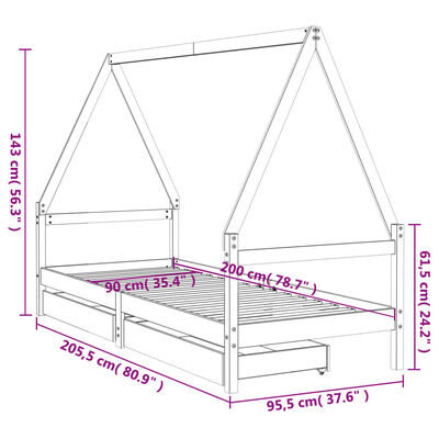 vidaXL Cadru de pat cu sertare de copii, alb, 90x200 cm lemn masiv pin