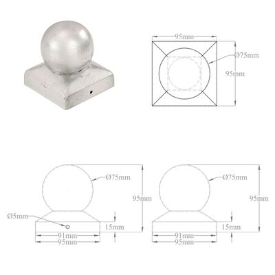 vidaXL Capace stâlpi tip glob, 6 buc., 91 x 91 mm, metal galvanizat