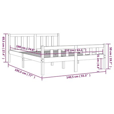 vidaXL Cadru de pat dublu, alb, 135x190 cm, lemn masiv