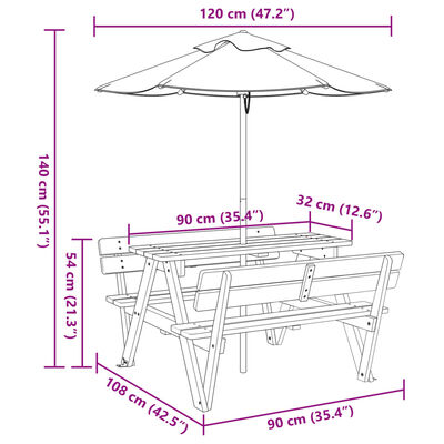 vidaXL Masă de picnic pentru 4 copii, cu umbrelă, lemn masiv brad