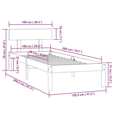 vidaXL Cadru de pat, alb, 100x200 cm, lemn masiv de pin