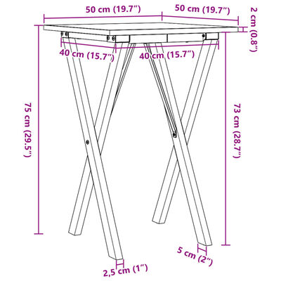 vidaXL Masă de bucătărie, cadru X, 50x50x75 cm lemn masiv pin și fontă