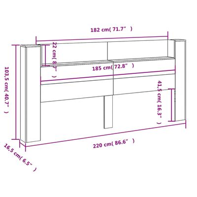 vidaXL Tăblie de pat cu dulap și LED, gri beton, 220x16,5x103,5 cm
