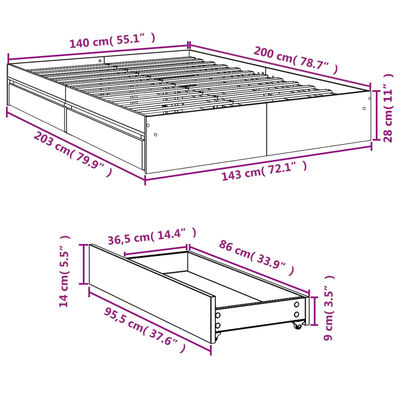 vidaXL Cadru de pat cu sertare stejar sonoma 140x200 cm lemn prelucrat