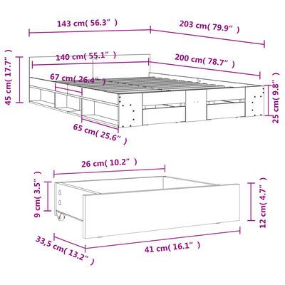 vidaXL Cadru pat cu sertare stejar fumuriu 140x200 cm lemn prelucrat