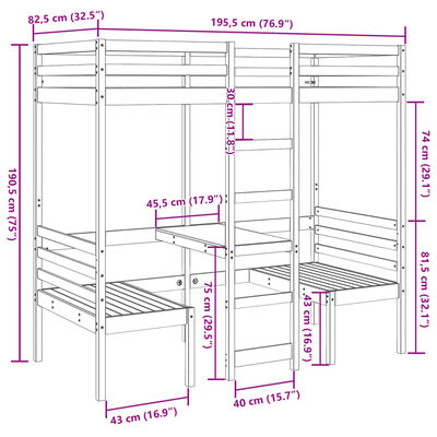 vidaXL Cadru pat etajat, birou/scaune, 75x190 cm, lemn masiv pin