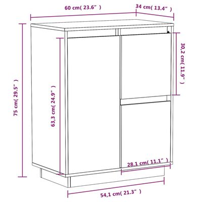 vidaXL Servantă, alb, 60x34x75 cm, lemn masiv de pin