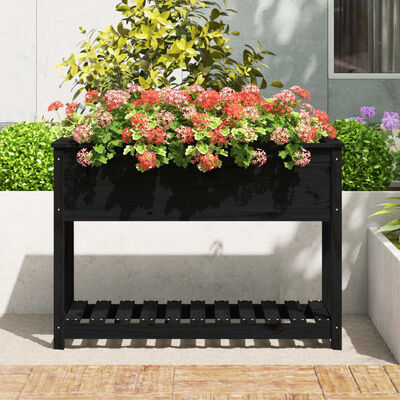 vidaXL Jardinieră cu raft, negru, 111,5x54x81 cm, lemn masiv de pin