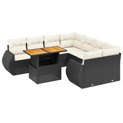 vidaXL Set mobilier de grădină cu perne, 9 piese, negru, poliratan