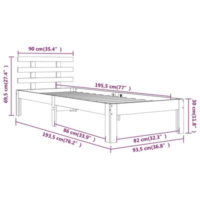 vidaXL Cadru de pat single, negru, 90x190 cm, lemn masiv