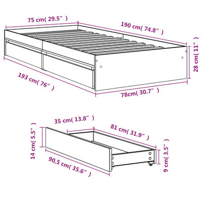 vidaXL Cadru de pat cu sertare stejar sonoma 75x190 cm lemn prelucrat