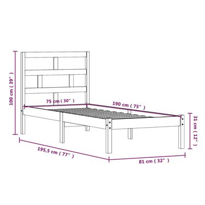 vidaXL Cadru de pat mic single, 75x190 cm, lemn masiv