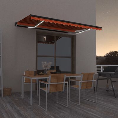 vidaXL Copertină retractabilă manual, LED, portocaliu/ maro 450x350 cm