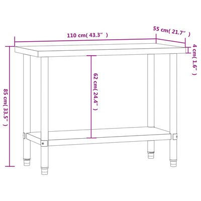 vidaXL Masă de lucru pentru bucătărie, 110x55x85 cm, oțel inoxidabil