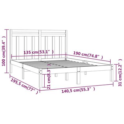 vidaXL Cadru de pat dublu, negru, 135x190 cm, lemn masiv