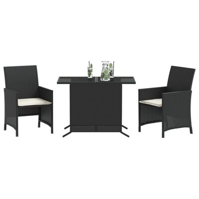 vidaXL Set bistro cu perne, 3 piese, negru, poliratan