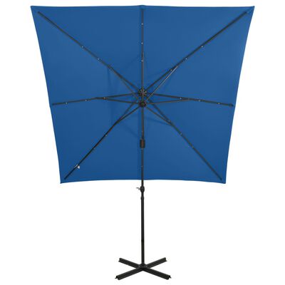 vidaXL Umbrelă în consolă cu stâlp și LED-uri, albastru azur, 250 cm