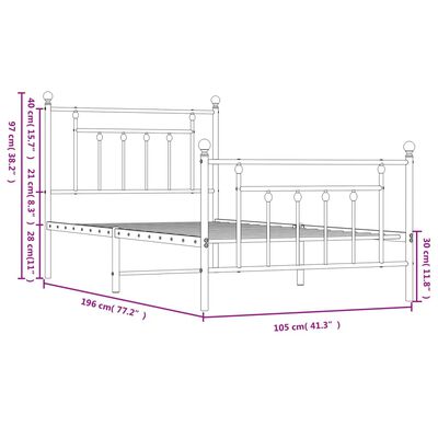 vidaXL Cadru de pat metalic cu tăblie de cap/picioare, alb, 100x190 cm