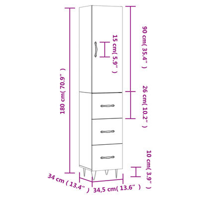 vidaXL Dulap înalt, alb, 34,5x34x180 cm, lemn prelucrat