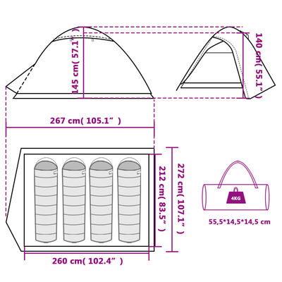 vidaXL Cort de camping cupolă pentru 4 persoane, albastru, impermeabil