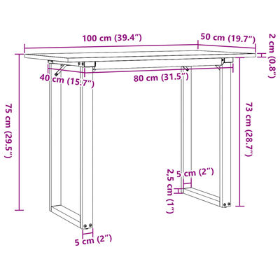 vidaXL Masă de bucătărie, cadru O, 100x50x75cm lemn masiv pin și fontă