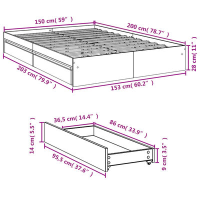 vidaXL Cadru de pat cu sertare, stejar maro, 150x200 cm lemn prelucrat