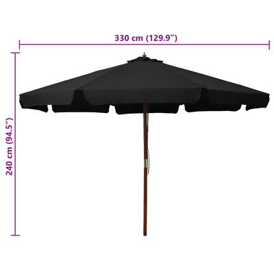 vidaXL Umbrelă de soare de exterior, stâlp din lemn, negru, 330 cm