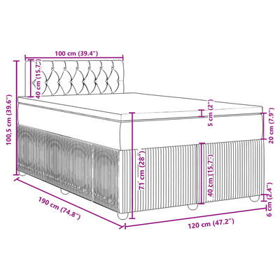 vidaXL Pat box spring cu saltea, albastru, 120x190 cm, catifea