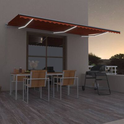 vidaXL Copertină retractabilă manual, LED, portocaliu/maro, 600x350 cm